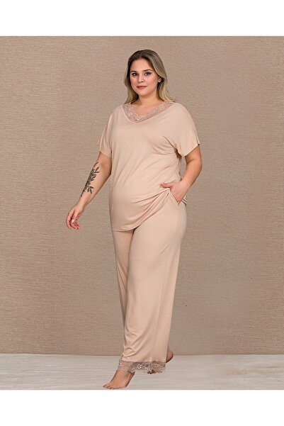 Generic Brand Battal Size Beige Lace Detailed Pajama Set