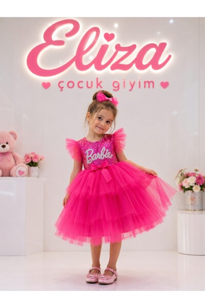 Eliza Çocuk Giyim ELİZA ÇOCUK KIZ FUŞYA BARBİE TEMALİ TÜLLÜ PRENSES ELBİSE
