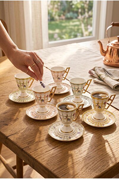 ALBETTO 6-Person Luxury Porcelain Footed Coffee Cup Set (Eden)