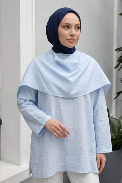 zenne Striped Tunic with Shawl Detail Y0153 - Baby Blue