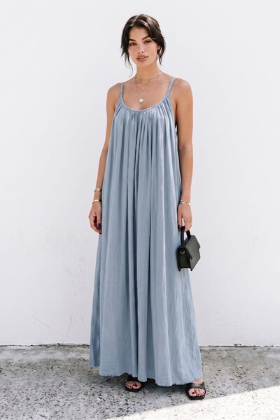 Suziş Bebe Blue Dress with Ruffled Collar and Lined Straps 3173