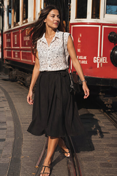 armonika Women's White Shirt Collar Buttoned Padded Detailed Belted Waist Fla...