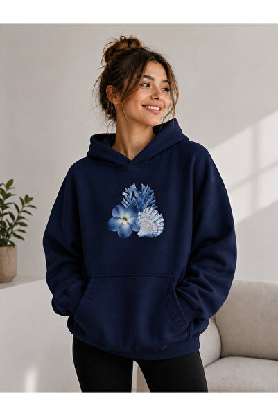 caddekombin Women's Blue Floral and Seashell Printed Hooded Sweatshirt with K...