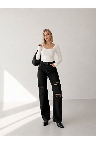 SHEVEGA Women's Black High Waist Knee Ripped Detailed Wide Leg Palazzo Jean D...