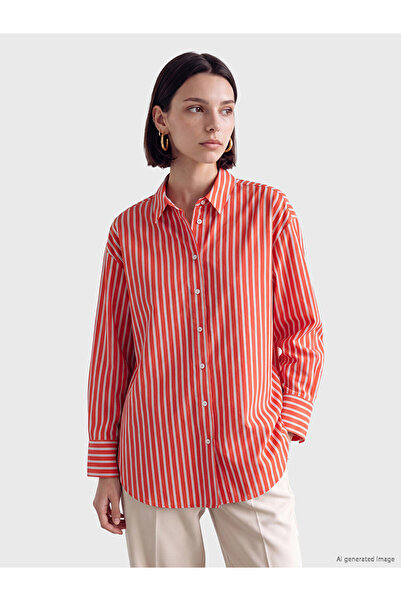 LC Waikiki Lcw Modest Red Striped Oversize Women's Shirt Tunic