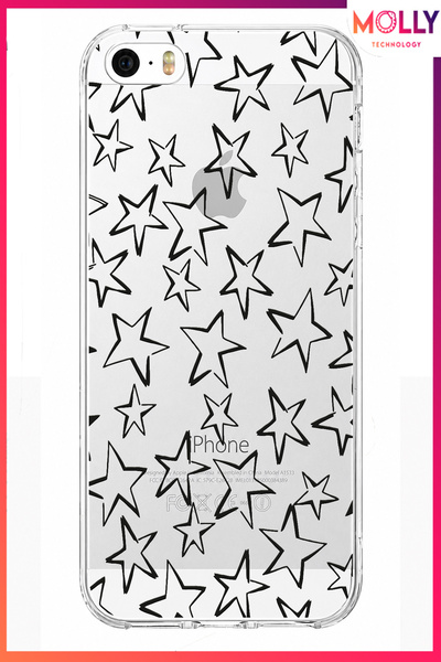 Molly iPhone 5 / 5S İçin Siyah Yıldız Eskizi Desenli Şeffaf Silikon Kılıf
