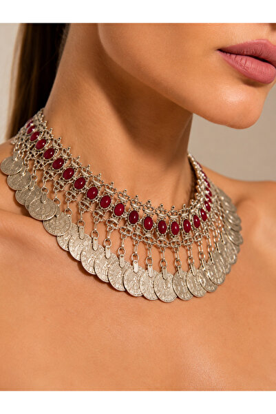 ALLONA Pul Detaylı Taşlı Choker Kolye - Etnik Bohem Kadın Aksesuar