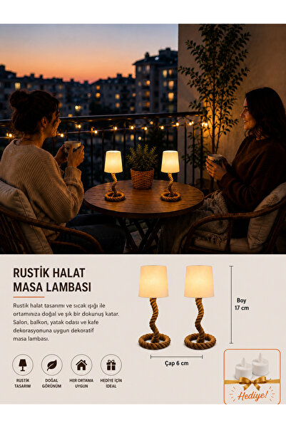 EMAS DESİGN Rustik Halat Masa Lambası – Dekoratif Gece Abajuru