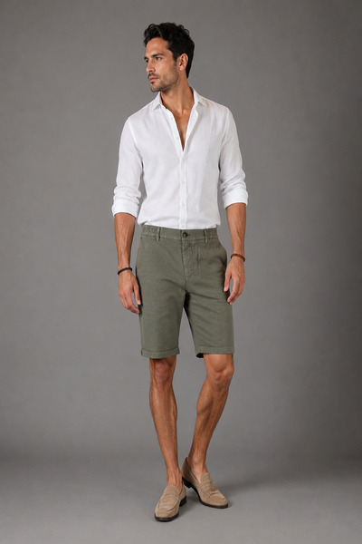 Bisse Khaki Cotton Linen Elastic Natural Bermuda Shorts