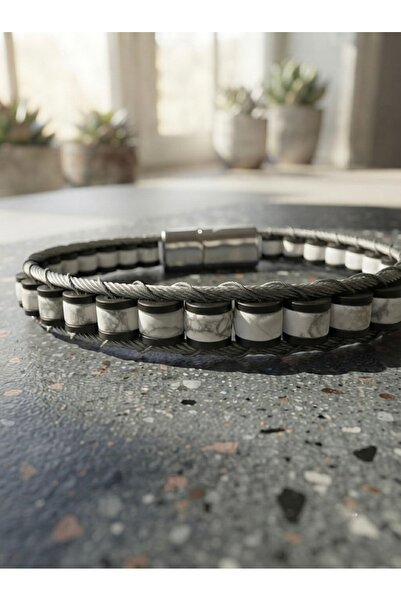 Meneva Aksesuar Howlite Stone Natural Stone and Steel Detailed Magnet Lock Br...