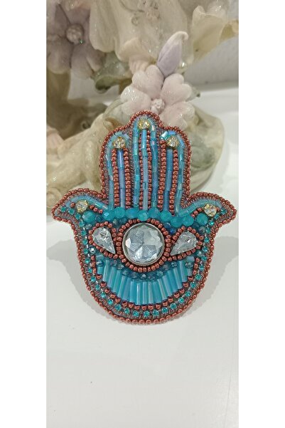 El Yapımı Fatma Ana Eli Broş - Şifa Temalı Kristal İşleme (7,5x6,5 cm)
