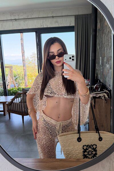 Laluvia Ecru Knitted Sequined Double Beach Set - 0726