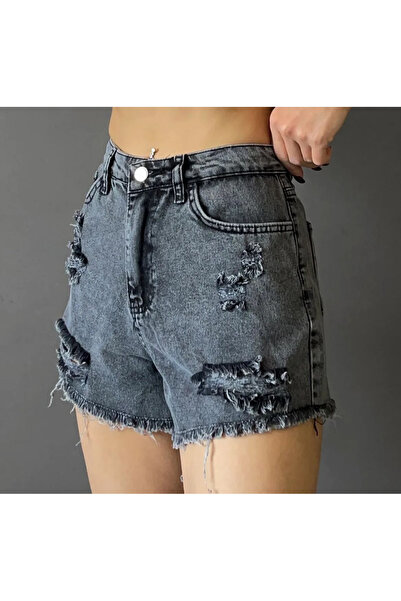 tof jean Ada Women's Tasseled Smoked Ripped Denim Shorts New-2