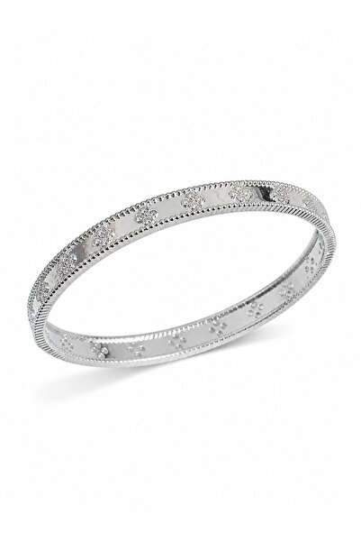 serelya Silver Color Brass Clover Model Zircon Stone Women's Cuff Bracelet