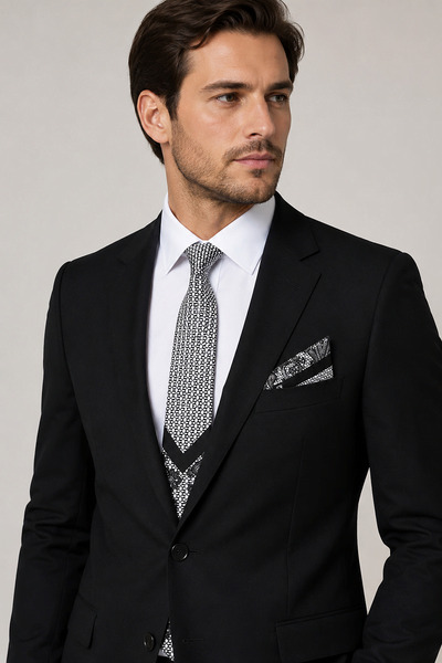 Bisse Black Silk Tie and Handkerchief Set