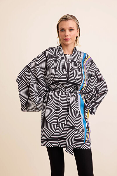VERDA Siyah Ekru Geometrik Desenli Kuşaklı Kimono Tunik