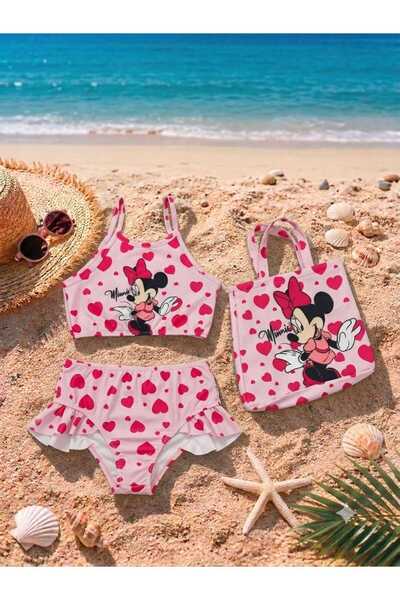 ARBİ kids Girl's Heart-Shaped Pink Three-Piece Swimsuit Bikini Set