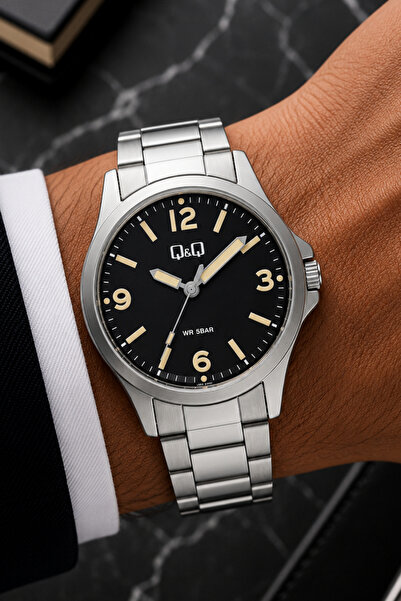 Q&Q Men's Silver Metal Cord Black Dial 5 Bar Wristwatch with 2 Year Warranty