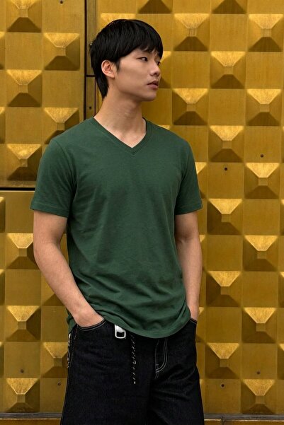 DAMGA JEANS Men's Comfort Short Sleeve Khaki V-Neck T-Shirt