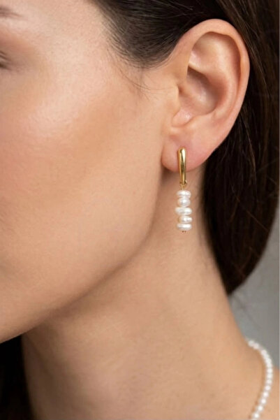 SEVGİLİ TAKI Steel Earrings with Pearl Natural Stone |   Gold Color Elegant a...