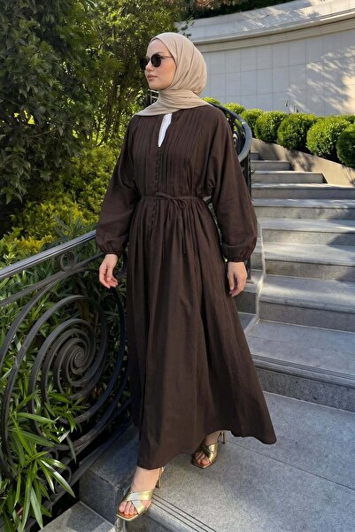 zenne Voile Button Detailed Pleated Dress 5007 - Aci Brown
