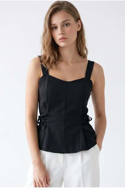Mixray 2153 Women's Cross Lace-Up Strap Peplum Blouse Black