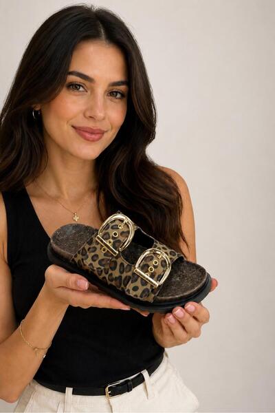 redtan Women's Leopard Double Buckle Slippers Orthopedic Cork Sole Comfortabl...