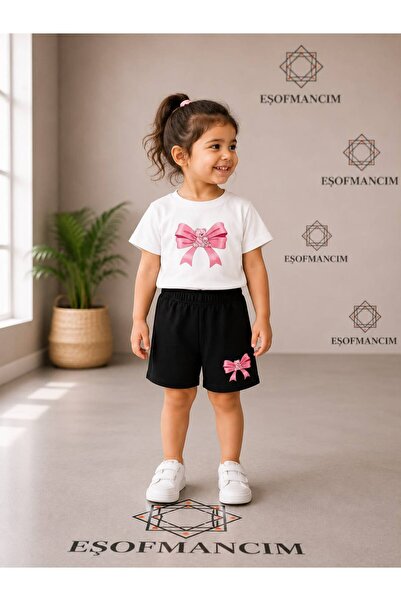 Eşofmancım Girl's Summer Top and Bottom Set with Ribbon and Teddy Bear Print