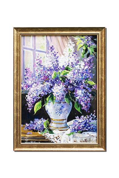 artnova Ваза с люляк, ръчно рисувана рамкирана картина, 55x45см, маслена на п...