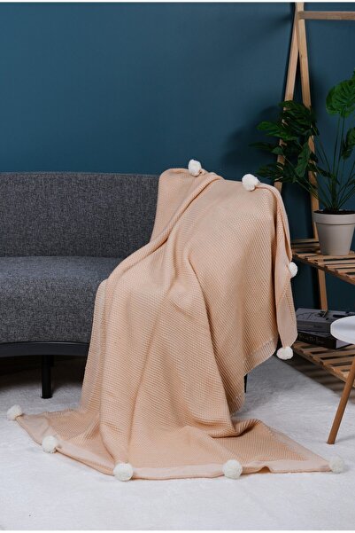 YGT Home Menekşe Knitwear Knitted Tv Blanket 10 Pompom Salmon |   130X170 Leg...