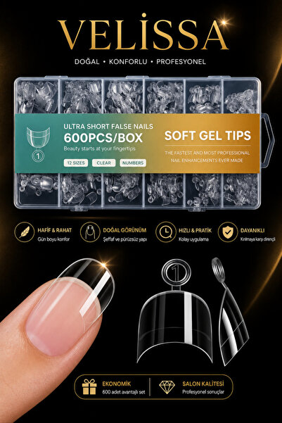 velissa Soft Jel Tips Ultra Short Badem/Oval/Küt French Uyumlu Kısa Tips 600'...