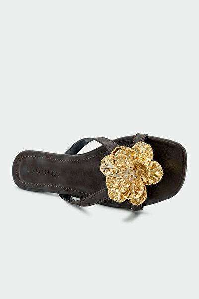 LAMİNTA Opia Gold Flower Detailed Women's Bitter Brown Flat Slippers