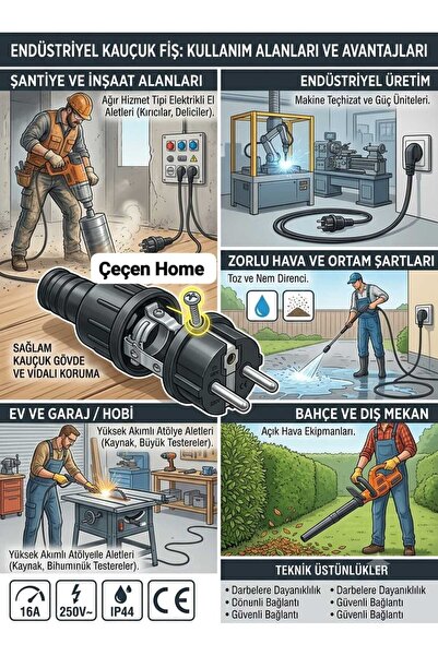 ÇEÇEN HOME Seyyar Erkek Fiş Kauçuk Plastik Düz Fiş Şantiye Tipi Monofaze 16A ...