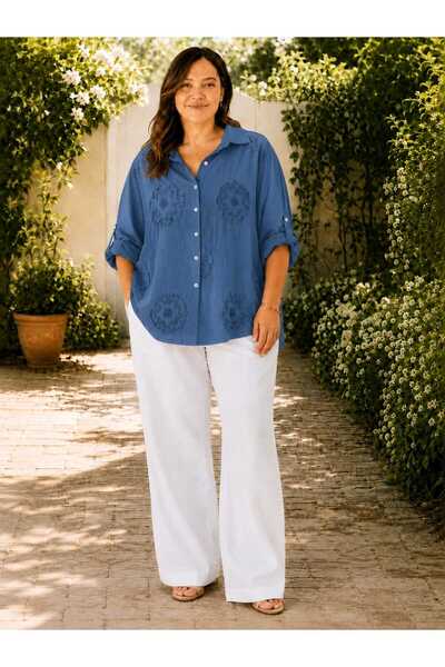 Butik Şans Women's Daisy Embroidered Oversize Italian Shirt