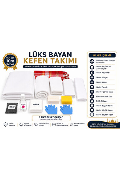 Öztürk Lüks Kefen Takımı 10 Metre Tam Set – Sade Beyaz Baş Örtüsü, Beyaz Çarş...