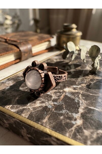 Meneva Aksesuar Adjustable Authentic Copper Ring with Natural Quartz Crystal