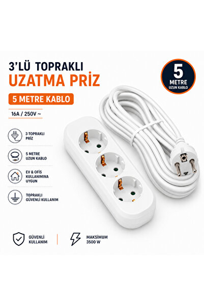 NESSOR YELKA 5 Metre 3'Lü Grup Uzatma Priz
