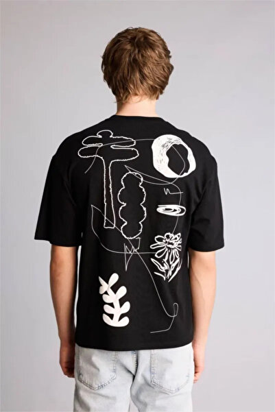 DeFacto 100% Cotton Boxy Fit Printed Short Sleeve Black T-Shirt G3218Ax26Sp