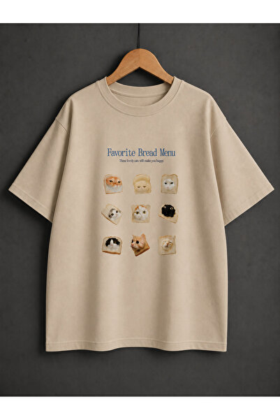 ZİYMO Unisex Cat and Bread Printed Oversize T-Shirt