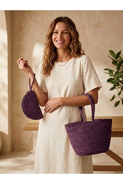 ELF CONSEPT Women's 2-Piece Set: Purple Medium-Sized Straw Bag and Medium-Siz...