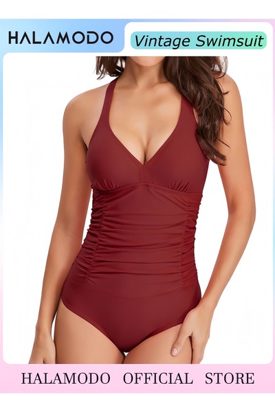 HALAMODO Women's Tummy Control Swimsuit One Piece Bathing Suit Vintage Printe...