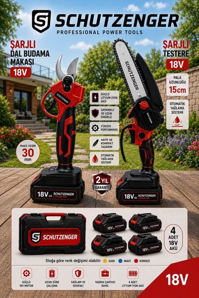 SCHUTZENGER Alman Şarjlı Dal Budama Makası Testere Seti 4 Bataryalı 30 mm Kes...