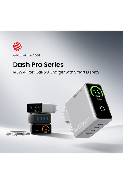 Vention Dash Pro 140W GaN 5.0 Akıllı Ekranlı Emojili Hızlı Şarj Aleti - 4 Portlu (240W Kablo Dahil), Gri, TZ-FCO ( Distribütör Garantili )