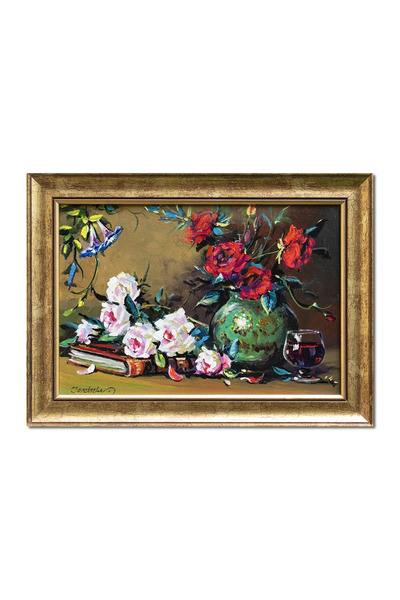 artnova Рамкирана ръчно рисувана картина, Композиция с рози и книга, 40x30см ...
