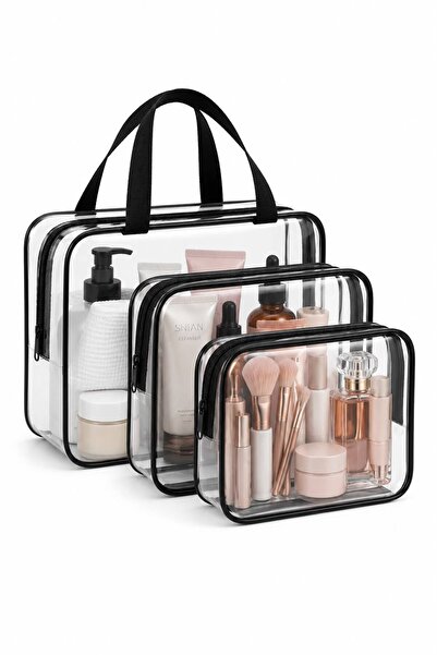 Bambus 3’lü Şeffaf Makyaj Çantası Seti PVC Kozmetik Organizer Seti Bavul İçi ...