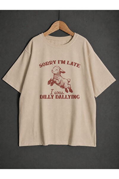 ZİYMO Women's Sorry I'M Late Lamb Printed Oversized T-Shirt