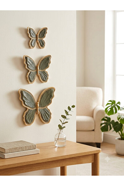Hanlar Home 3'lü Dekoratif Haki Kelebek Duvar Aksesuarı Gold Set 9x10 13x14 1...
