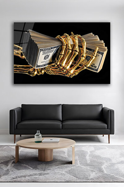 BERSED Lüks Altın İskelet El Dolar Cam Tablo Modern Siyah Gold Duvar Dekoru S...