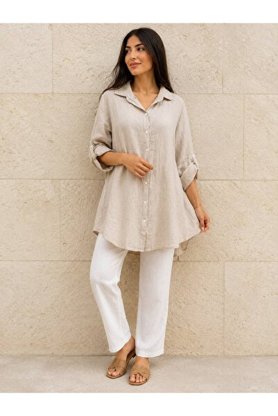 AGORATEKSTİL Women's Italian Three-Quarter Sleeve Lace Back Cotton Shirt 44-48