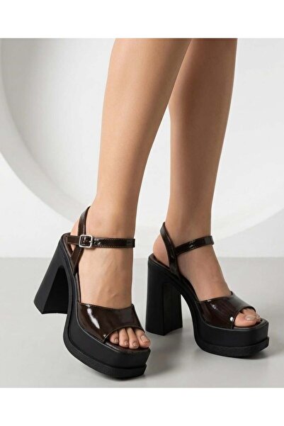 asmi shoes Women's single strap brown patent leather (12cm) platform heeled s...